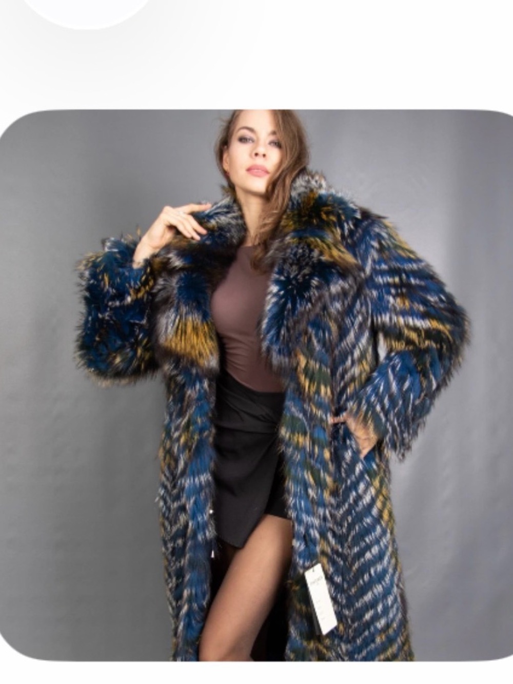 Saga Furs Multicolor Blue, Yellow & Black Long Fur Coat small but roomy
